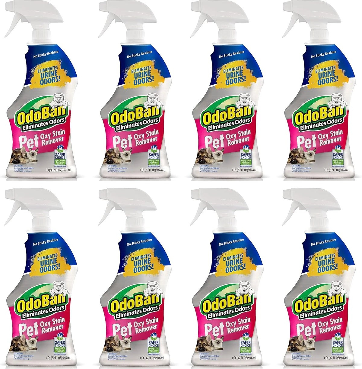 OdoBan Pet Solutions Oxy Stain Remover, Pet Stain Eliminator, Made in the USA, 8-Pack, 32 Ounce Spray Each