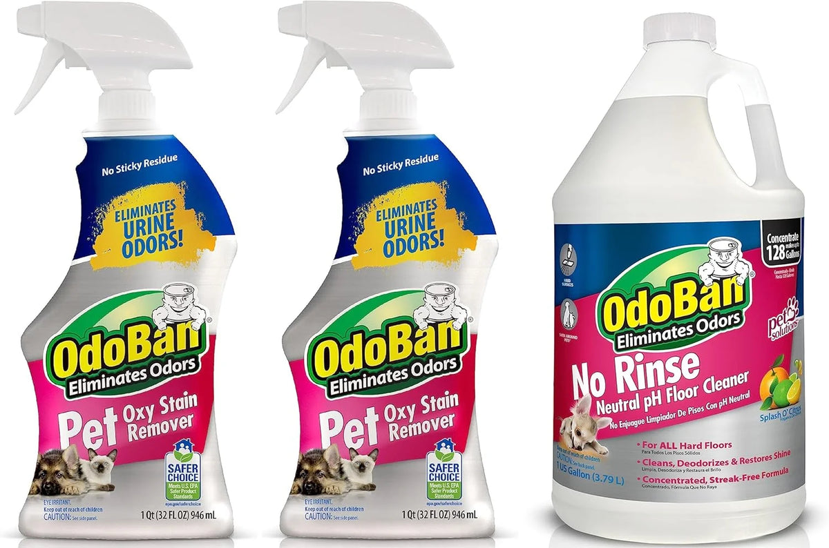 OdoBan Pet Solutions Oxy Stain Remover, Made in the USA, 2-Pack, 32 Ounce Sprays Each, and Neutral pH Floor Cleaner Concentrate, 1 Gallon